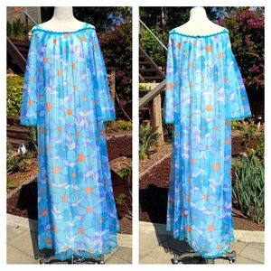 Vintage 1970s nylon floral flowy negligee kaftan maxi dress